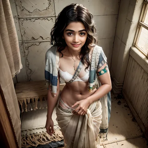(8k, RAW photos, best image quality, masterpieces, : 1.2), (realistic, photorealistic: 1.37), 17-year-old indian girl with a smile face , smiley expression of child, standing , poor, torn and dirty tattered dirty clothes, exposed plain clothes, torn fabric...