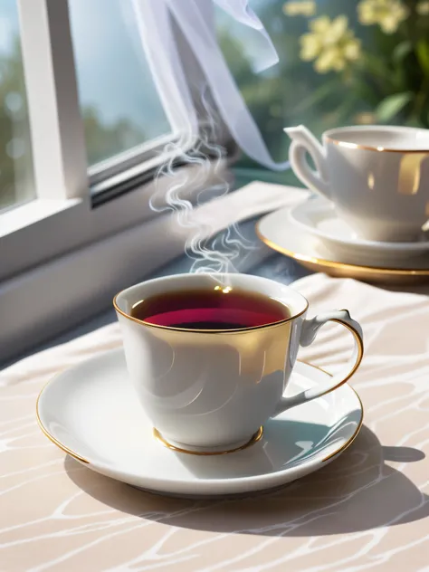 Low-angle close-up of a cup of tea in white marble with some details in gold metallic embossing on a beautiful table lined with white towel with iridescent metallic details with the rays of the afternoon sun coming in through the window (a little smoke com...