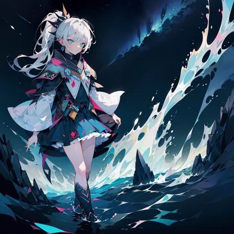 girl with double ponytail with silver hair，water surface，starry sky under the skirt，eyes glowing，black starry sky，lord of all th...