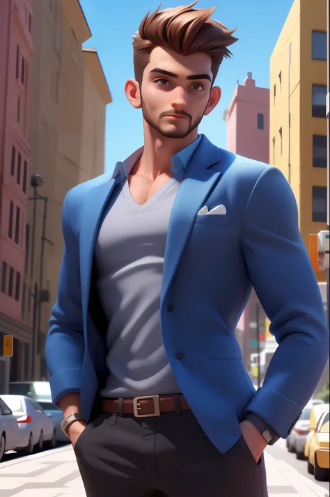 3dcharacter, (1man, 28 anos, masculino: 1.2), olhos castanhos , barba grossa ruiva, cabelo ruivo curto, V-Neck Top, workbook in your hands, trajes urbanos, olhando para frente, obra-prima, melhor qualidade, (fundo urbano claro: 1.1)