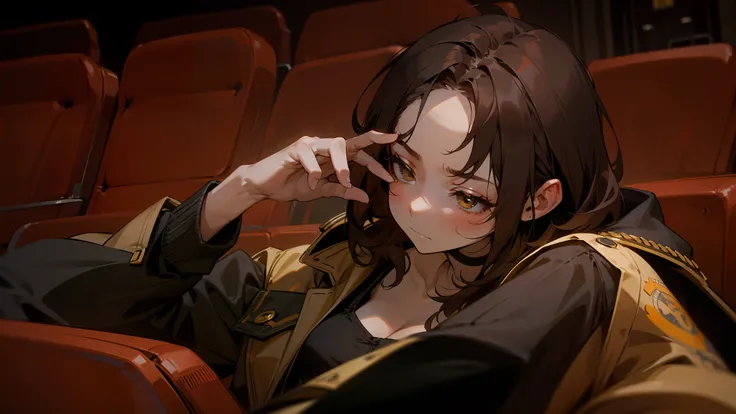 Ridiculous, high resolution, super detailed), 1 girl, solo, mature, (short messy brunette hair with long parted bangs), highest detail, serious expression, medium breasts, looking away, movie theater red seats background, hand doing v-pose while covering o...