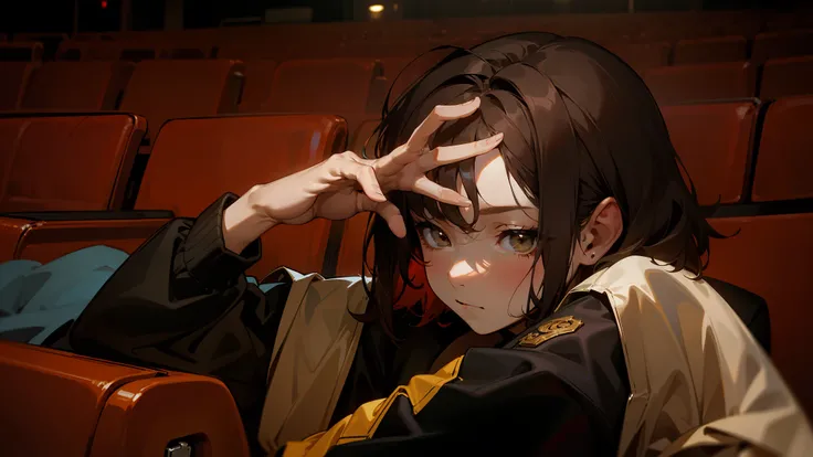 Ridiculous, high resolution, super detailed), 1 girl, solo, mature, (short messy brunette hair with long parted bangs), highest detail, serious expression, medium breasts, looking away, movie theater red seats background, hand doing v-pose while covering o...