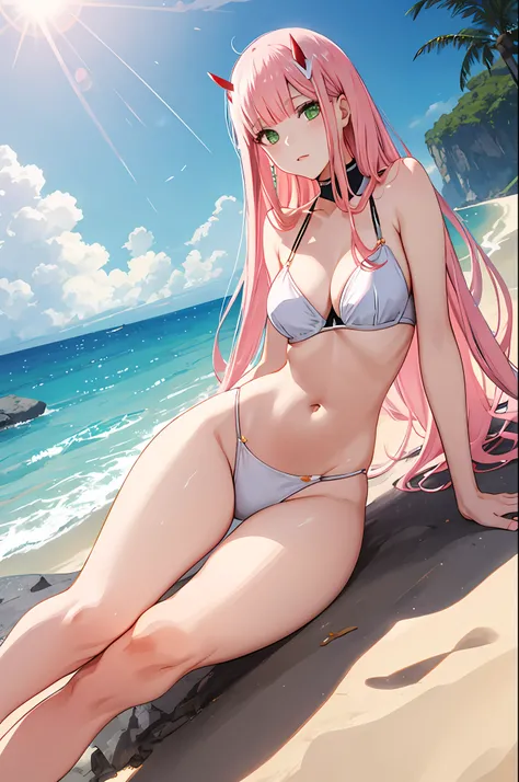 zero two, white gown, medium breast, navel, slim legs, sunny day, Beach, leaning, beautiful eyes, green eyes, nervous
