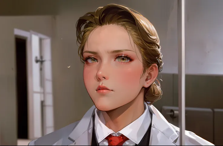 Anime style, Ridiculous, high resolution, super detailed), 1 girl, beautiful, solo, mature, (layback long blonde hair with long parted bangs), highest detail, serious expression, looking forward, bathroom with opened door background, focused expression, re...