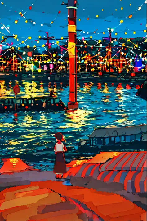 a person watching the scene against the backdrop of countless colorful lights flying around while glowing fantastically from the...