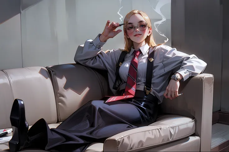 Anime style, Ridiculous, high resolution, super detailed), 1 girl, beautiful, solo, mature, (layback long blonde hair flowing on shoulders with long parted bangs), medium breasts, wide hips, crossed legs, pencil skirt, black leggings, black high heels, sit...