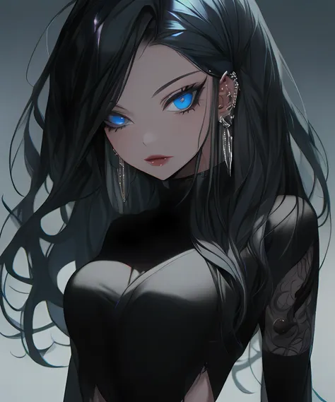 re-l from ergo proxy, black hair, pale skin, blue eys, blue eye shadow, gothic cyberpunk, looking straight, looking at camera, a...