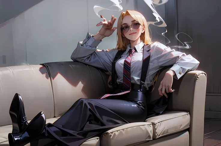 Anime style, Ridiculous, high resolution, super detailed), 1 girl, beautiful, solo, mature, (layback long blonde hair flowing on shoulders with long parted bangs), medium breasts, wide hips, crossed legs, pencil skirt, black leggings, black high heels, sit...