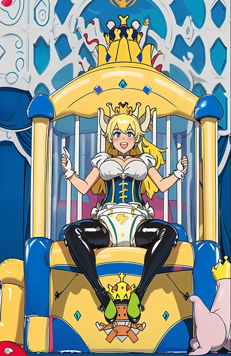 sexy girl wearing (big diaper), ((bowsette)), busty, (big breasts), wide hips, ((latex)), stockings, fishnets, (corset), (hypnot...