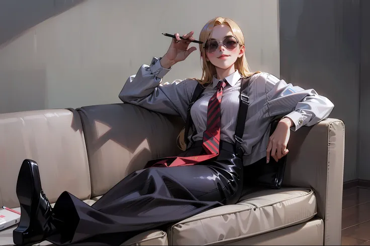Anime style, Ridiculous, high resolution, super detailed), 1 girl, beautiful, solo, mature, (layback long blonde hair flowing on shoulders with long parted bangs), medium breasts, wide hips, crossed legs, short pencil skirt, black leggings, black high heel...