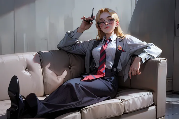 Anime style, Ridiculous, high resolution, super detailed), 1 girl, beautiful, solo, mature, (layback long blonde hair flowing on shoulders with long parted bangs), medium breasts, wide hips, crossed legs, short pencil skirt, black leggings, black high heel...