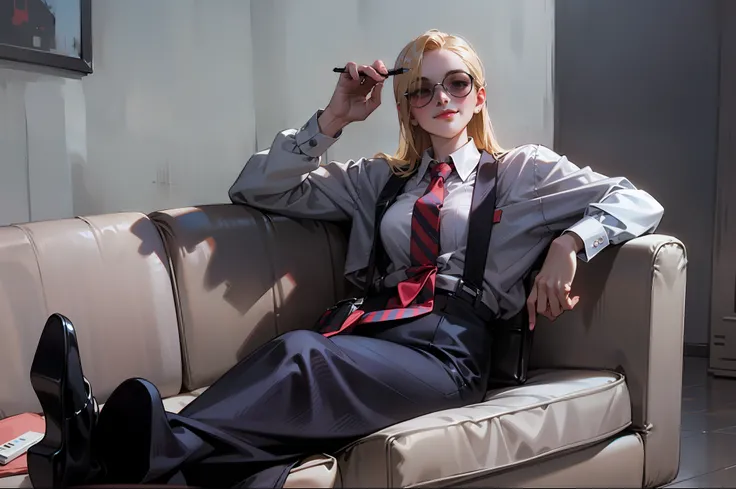 Anime style, Ridiculous, high resolution, super detailed), 1 girl, beautiful, solo, mature, (layback long blonde hair flowing on shoulders with long parted bangs), medium breasts, wide hips, crossed legs, short pencil skirt, black leggings, black high heel...