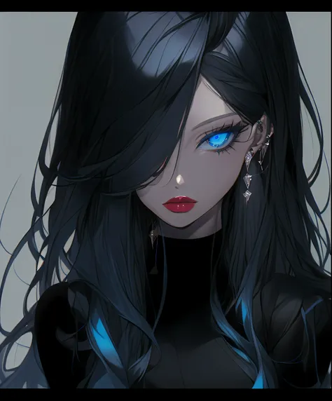re-l from ergo proxy, black hair, pale skin, blue eys, blue eye shadow, gothic cyberpunk, looking straight, looking at camera, adult woman, 1girl, solo, blue eyes, black hair, long hair, jewelry, looking at viewer, earrings, closed mouth, simple background...