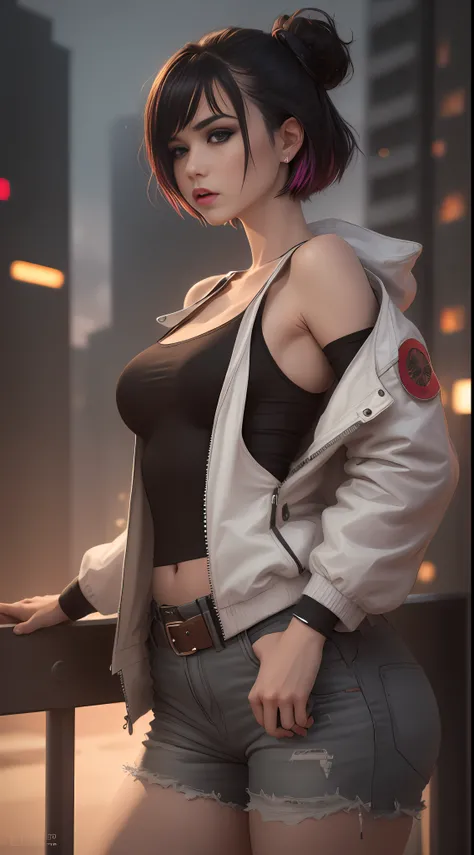 masterpiece, (photorealistic:1.4), best quality, beautiful lighting, (ulzzang-6500:0.5),
lucy (cyberpunk), 1girl, against railing, arm rest, bangs, bare shoulders, belt, black belt, black leotard, black pants, blurry, bob cut, breasts, building, cityscap...