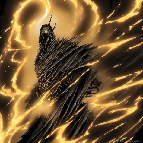In the gloomy sky, surge uma ave do pesadelo, A black-feathered creature that looks like it came out of a scary tale. Its slender body is covered by a plumage black as night, que reflete uma luz sinistra. Its wings are broad and membranous, lembrando asas ...