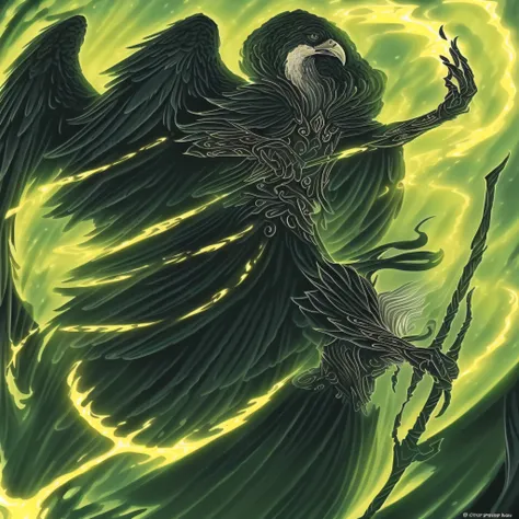 In the gloomy sky, surge uma ave do pesadelo, A black-feathered creature that looks like it came out of a scary tale. Its slender body is covered by a plumage black as night, que reflete uma luz sinistra. Its wings are broad and membranous, lembrando asas ...