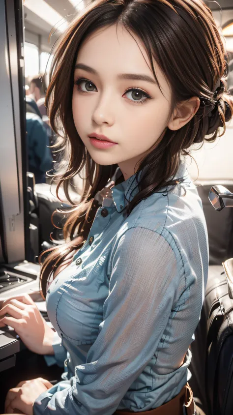 1girls, thin skin, Brown eyes, Brown hair, Korean, 20 years old, cool shirt, Close Up, Shy, back lighting, wide angle, three sided view, FB, Textured skin, Super Detail, high details, High quality, Best Quality, high resolucion, 16 K, Maste Piece