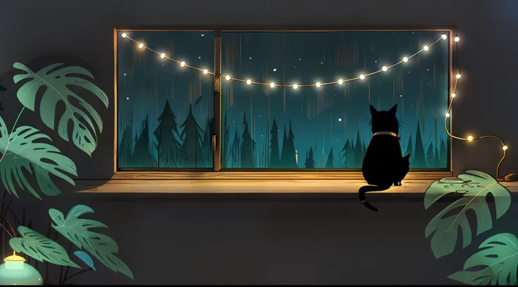 a cozy room at night, cat watching the moonlight shining through the window, illustration detailed, desenhos animados