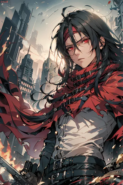 (absurdres, highres, ultra detailed, hdr), masterpiece, best quality, vincentvalentine, 1boy, solo, handsome, long black hair, r...