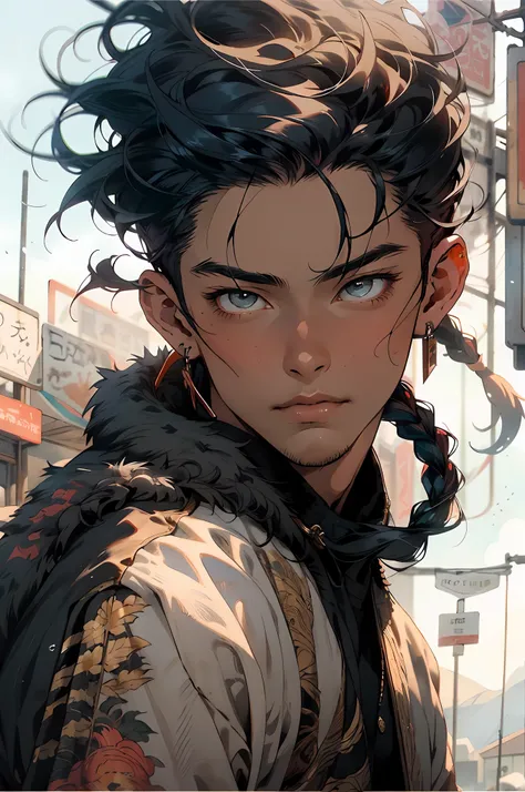 Realistic, (Masterpiece, Top Quality, Best Quality, Art officiel,), Very detailed, Most Detailed, (1boy:1.3), Gods, black hair, mysterious, handsome male, ((nomadic style)), steppe, herdsman, fur coat, ornaments, earings, single braid