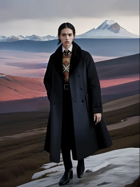 a fashion model standing on the peak of a mountain, in a dramatic pose, wearing a burberry winter collection, with the untamed w...