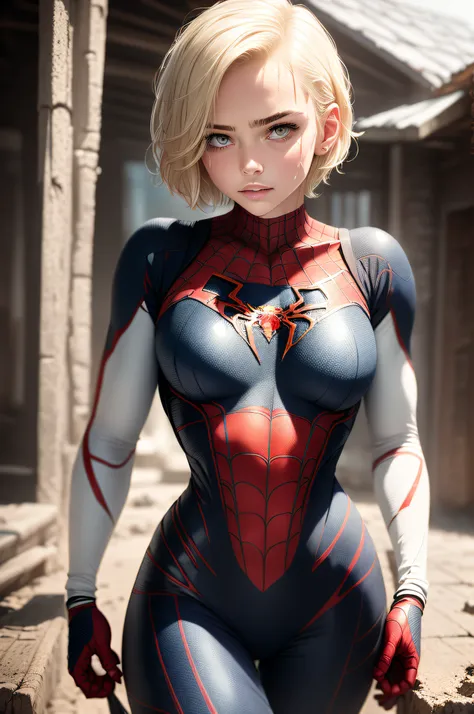 18 yo girl, white spider man suit, short blunt hair, blonde, beautiful face, rain, roof, masterpiece, intricate detail, perfect ...