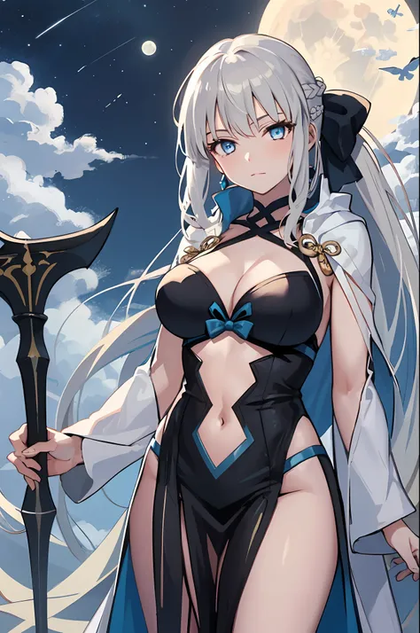 Masterpiece, Best Quality,a 1girl, Breast, morgan le fay (fate), 独奏, blue eyes, Long Hair, pony tail, bow, braid, weapons, cleavage, Very long hair, big boob, black bow, looking at viewer, gown, Hair Bow, thights, thights, black dress, Bangs, side locks, ...