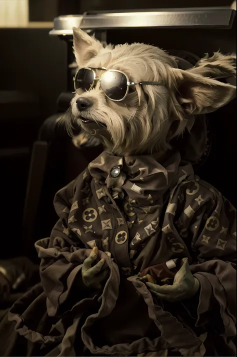 cinematographic, ultra detalhado, hd, ..3d, there's a yorkshire terrier wearing a louis vuitton shirt and sunglasses, olhando he...