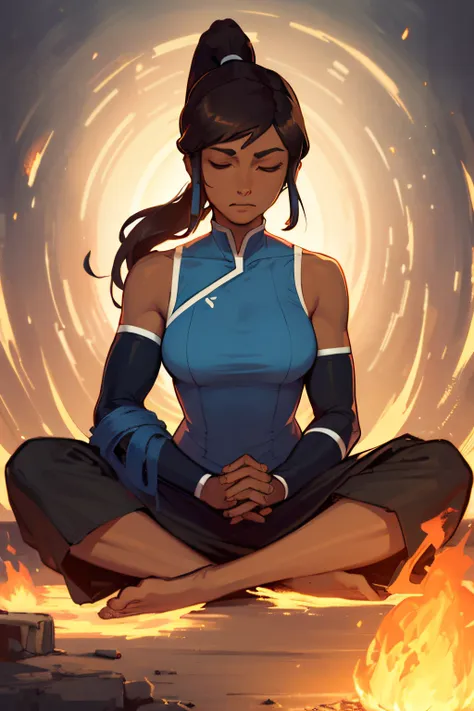 masterpiece, best quality, 1girl, korra, casting circe of fire arround her, solo, dark skin, blue eyes, brown hair, dark-skinned...