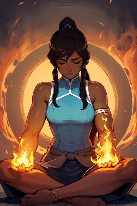 masterpiece, best quality, 1girl, korra, casting circe of fire arround her, solo, dark skin, blue eyes, brown hair, dark-skinned...