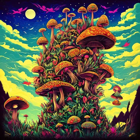 a mushroom head standing on a hill with a bunch of mushrooms with cannabis leaves and a sky composed of mandalas, arte trippy, p...