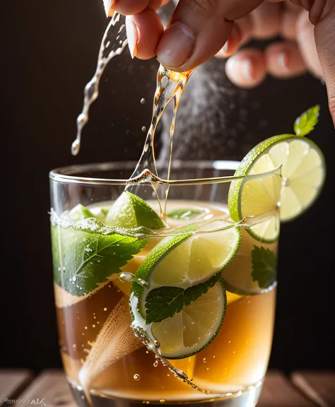 no background, water splashes into a glass of caipirinha limenade, photorealistic, photorealism, amazing food photography, 4k fo...