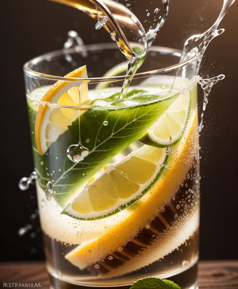 no background, water splashes into a glass of caipirinha limenade, photorealistic, photorealism, amazing food photography, 4k fo...