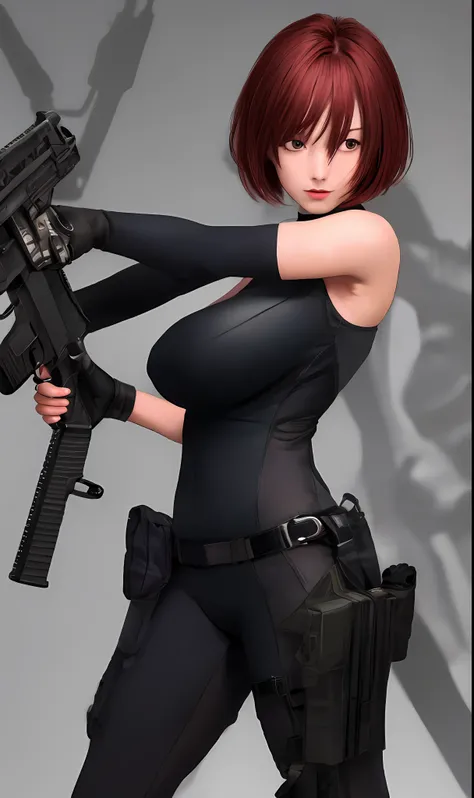 masterpiece, high-detail, sketch, reginaDC, regina, dino crisis, 1girl, female, athletic woman, (aim pose, fight with raptor, holding mp5, holding weapons), black bodysuit, gray fabric layer under bodysuit, young, bare shoulders, tactical fingerless gloves...