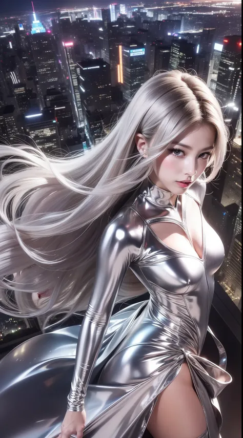 (nmasterpiece、need、Ultra-delicate、high resolucion),(((She has long silver hair,A meticulous face,Nice face,The face of a human woman:1.6))),(((Female giant))),(The body is made of silver,The arms present a streamlined design,Looks tall and thin,The overall...