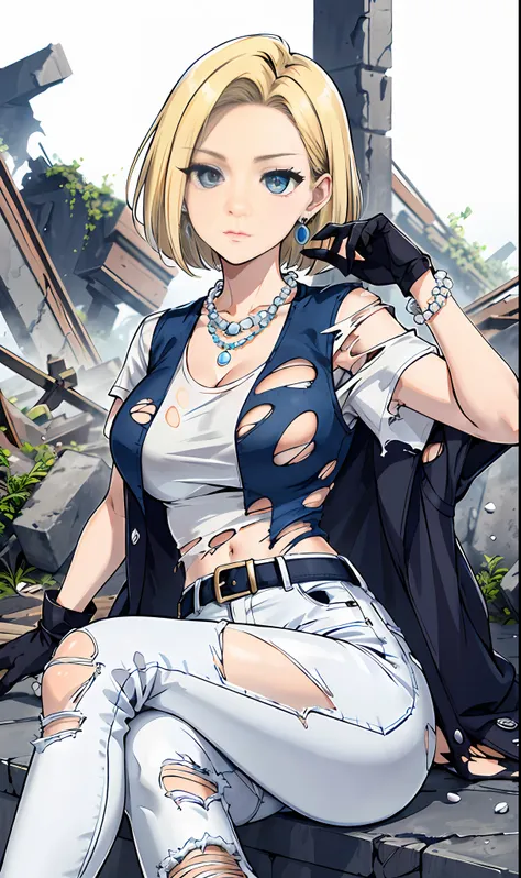 best quality, highres, and18, 1girl, android 18, solo, blonde hair, blue eyes, belt, jeans, pearl_necklace, bracelet, black glov...