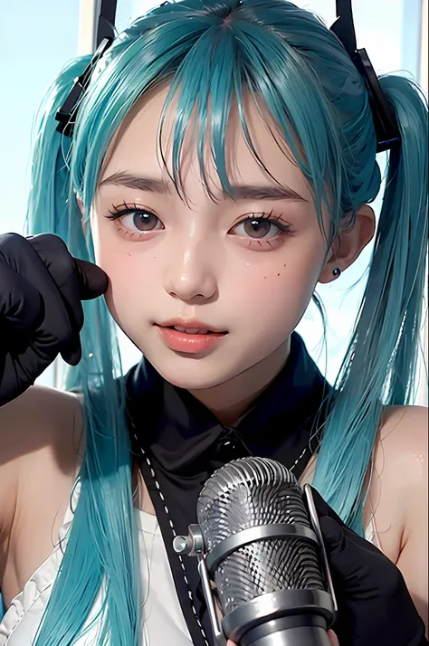 hatsune miku、cross your arms、x pose、holding a microphone、photorealestic, high resolucion, 1个女孩, korea person, heterochromia eyes...