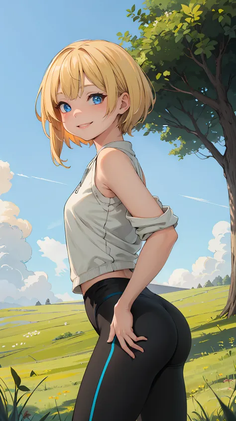 best quality, masterpiece, small breasts, smile, sweatshirt, leggings, outdoors, alone, anime style, grass field, daytime, blue ...