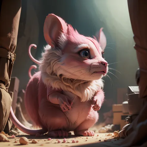 my giant pink pet mouse, sci fi, natural volumetric, horror movie, mystery, fantasia escura 4k lente uhd