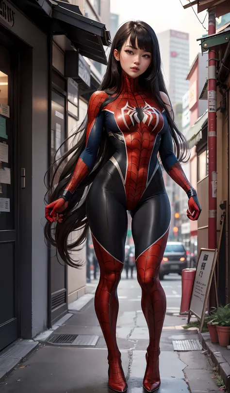 4k, realistic, charismatic, very detail, there is a girl on top city, wearing spiderman costume, she is a spiderman, white super hero theme, japanese woman, black long hair, hime-style bangs, dark brown eyes, 25 years old, full body