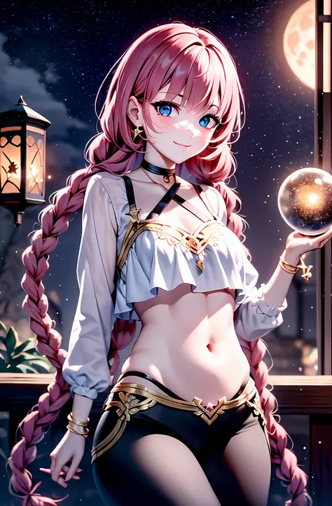 water colour:Curly。Pink hair。length hair。pleats skirt。Camisole。耳环。e7 Tenebria, Pink hair, two long thin braids, lender body, Thin, cheeky face, Small breasts,Blue eyes, Black pants, white short blouse, showing belly, flat abdomen, Starry Night, under the m...