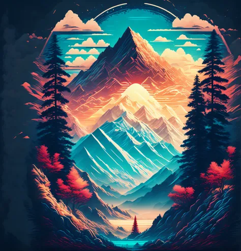 a city in a summer landscape mountains in the background surrounding trees, t-shirt design, midjourney, vector art, hydro74