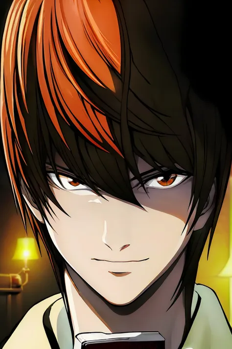 yagami light、brown hair of medium length with bangs,、hazel eyes、popular anime series(death:1.2)dynamic(a-pose:1.3)of a(yagami li...