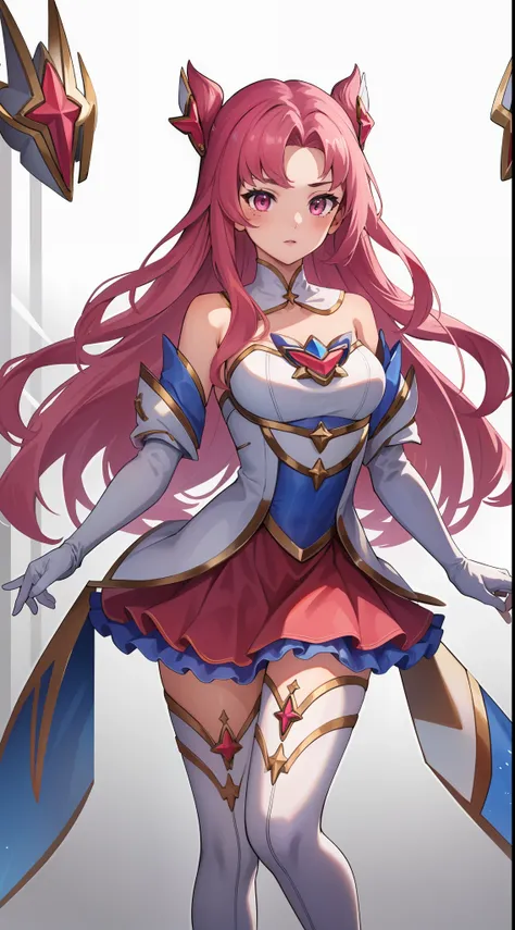 (masterpiece, best quality), intricate details, 8k, artstation, wallpaper, official art, splash art, sharp focus,
1girl, Star_Guardian_KaiSa, white_legwear, white_gloves, pink_skirt,,