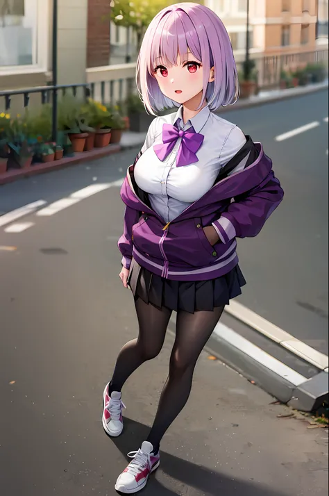 masterpiece, best quality, highres, 1girl, shinjou akane, pantyhose, shirt, bow, skirt, purple jacket, jacket, white shirt, shoes, long sleeves, short hair, black skirt, collared shirt, black pantyhose, open clothes, bowtie, purple bow, breasts, bangs, red...