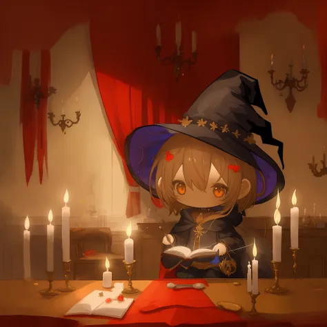 an illustration of an anime character,((chibi))、witch girl waifu portrait, evil, sly, witch hat, spell book on table, light from...