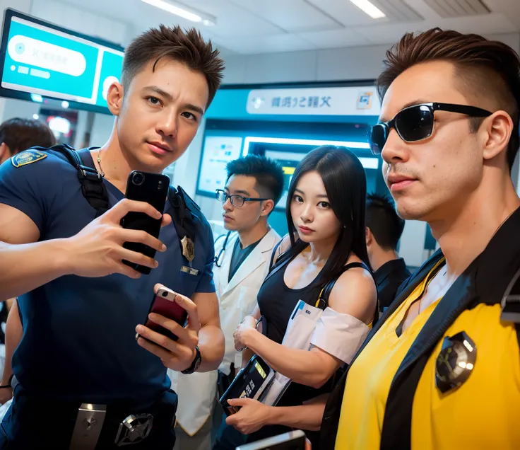 (Best Quality, Masterpiece), (Ultra Detailed Colors), 8K, Raw, Canon 5D, f/1.8, ISO 6400 Certified, Wide Angle, Realism, Movie, Poster, Photo, (detailed face), Three Taiwanese male doctor stand outside a city overpass, mature and handsome, wear doctor unif...