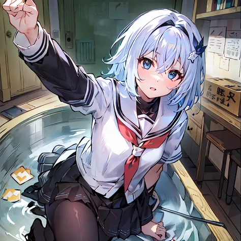 Depth of field、in focus、1girls、shcool uniform、serafuku、pov、blury_censorship、blue eyed、hairtie、lacepantyhose、Hair_between_Eyes、Black_legwear、foreshortening、color difference、long sleeves、Eyebrows visible through the hair、short-cut hair、An expression of disg...