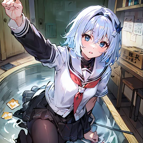Depth of field、in focus、1girls、shcool uniform、serafuku、pov、blury_censorship、blue eyed、hairtie、lacepantyhose、Hair_between_Eyes、Black_legwear、foreshortening、color difference、long sleeves、Eyebrows visible through the hair、short-cut hair、An expression of disg...