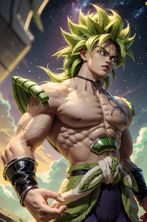 broly from dragon ball super, 1boy, closed mouth, male focus, muscular, muscular male, standing alone on namek, sash, serious, s...